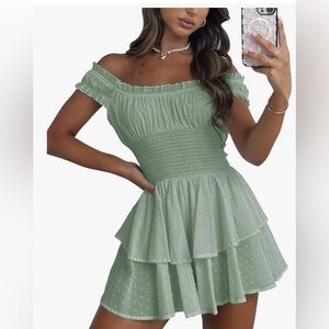 Womens Summer Off Shoulder Mini Dress Mint Chiffon Slim Fit With Ruffle Skirt L